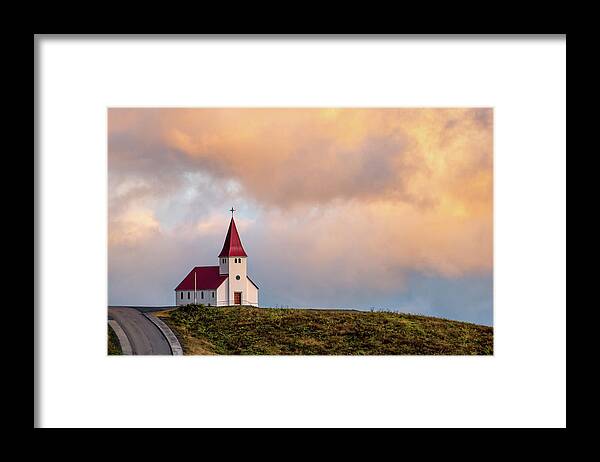 Reyniskirkja Framed Print featuring the photograph Vik i Myrdal Church in Iceland with Golden Sunset Light by Alexios Ntounas