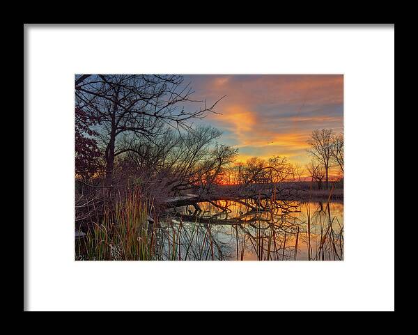 Viking Framed Print featuring the photograph Viking Reflections - autumn sunset at fallen tree on Yahara River at Stoughton WI by Peter Herman