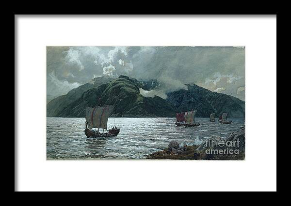 Hans Gude Framed Print featuring the painting Viking ship under sail at Sognefjorden, 1889 by Hans Gude