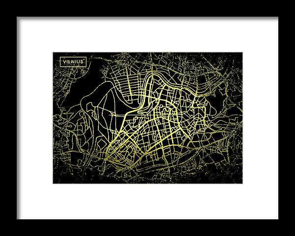 Map Framed Print featuring the digital art Vilnius Map in Gold and Black by Sambel Pedes