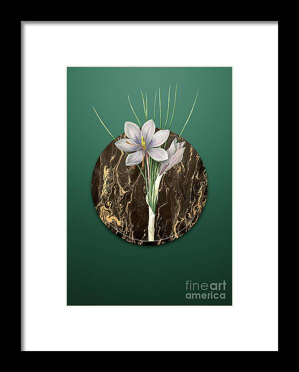 Vintage Framed Print featuring the painting Vintage Autumn Crocus Art in Gilded Marble on Dark Spring Green by Holy Rock Design