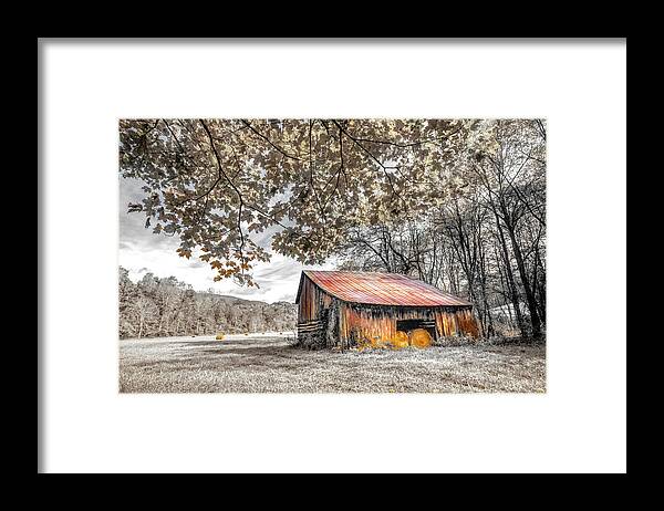 Barns Framed Print featuring the photograph Vintage Barn Black and White and Rusty Red Creeper Trail Damascu by Debra and Dave Vanderlaan