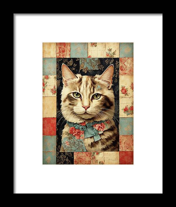 Cat Framed Print featuring the digital art Vintage Cat Portrait by Sophia Gaki Artworks