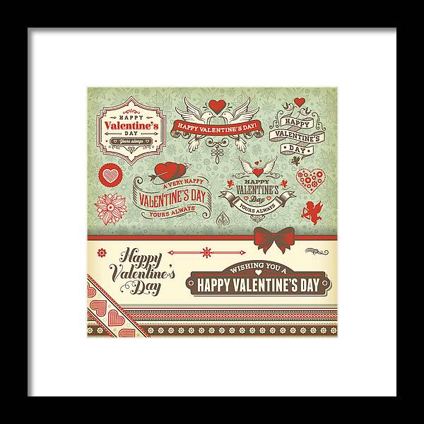 Celebration Framed Print featuring the drawing Vintage icons related to Valentine's Day by DavidGoh
