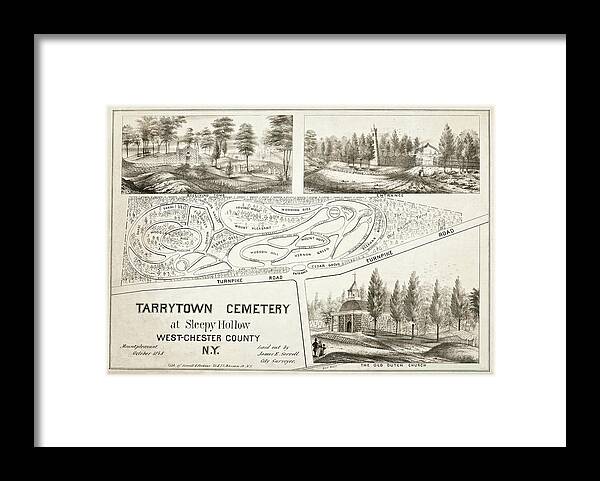 Sleepy Hollow Framed Print featuring the photograph Vintage Map Tarrytown Cemetery at Sleepy Hollow 1848 by Carol Japp