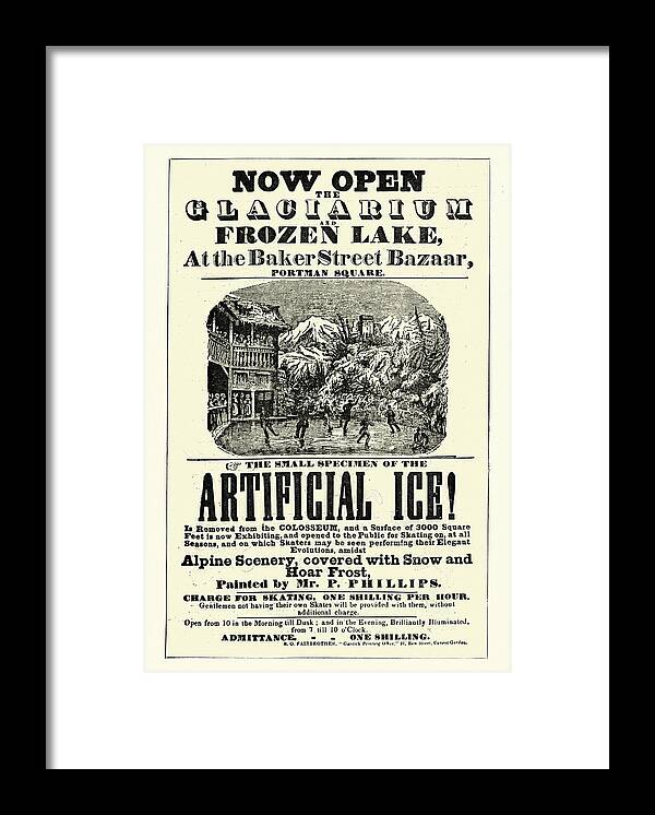 Engraving Framed Print featuring the drawing Vintage poster for Glaciarium, world's first mechanically frozen ice rink by Duncan1890