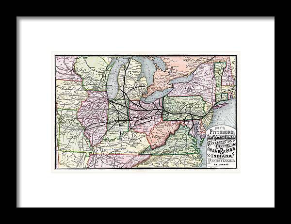 Railroad Framed Print featuring the photograph Vintage Railroad Map 1874 Pittsburgh and Beyond by Carol Japp