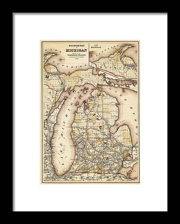 Michigan Framed Print featuring the photograph Vintage Railroad Map of Michigan 1876 Sepia by Carol Japp