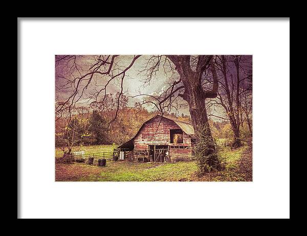 Barns Framed Print featuring the photograph Vintage Red Barn in Autumn's Embrace by Debra and Dave Vanderlaan