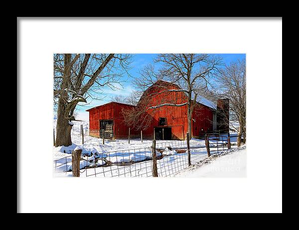 Barn Framed Print featuring the photograph Vintage Red Barn in Snow by Shelia Hunt