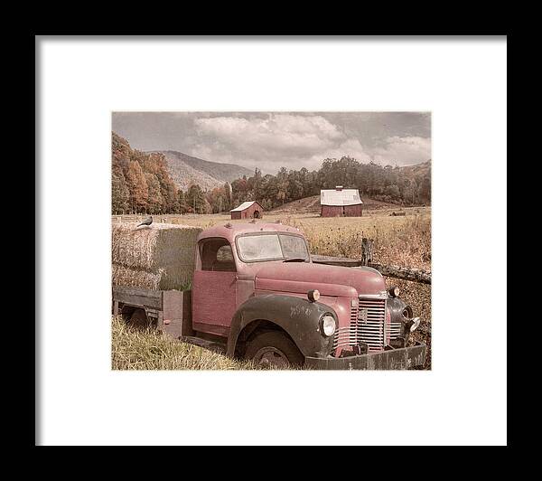 Truck Framed Print featuring the photograph Vintage Red Farmhouse Truck at the Farm by Debra and Dave Vanderlaan