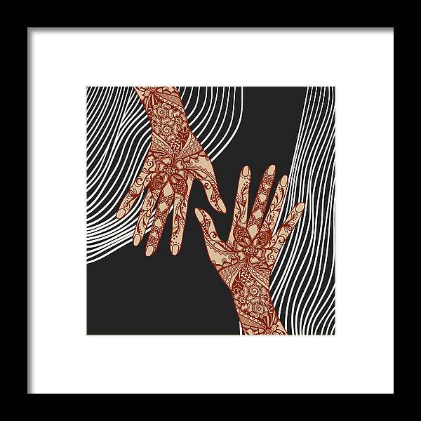 Pinky Promise Framed Print featuring the drawing Vintage retro aesthetic female hands covered with traditional indian mehendi henna tattoo ornaments by Mounir Khalfouf