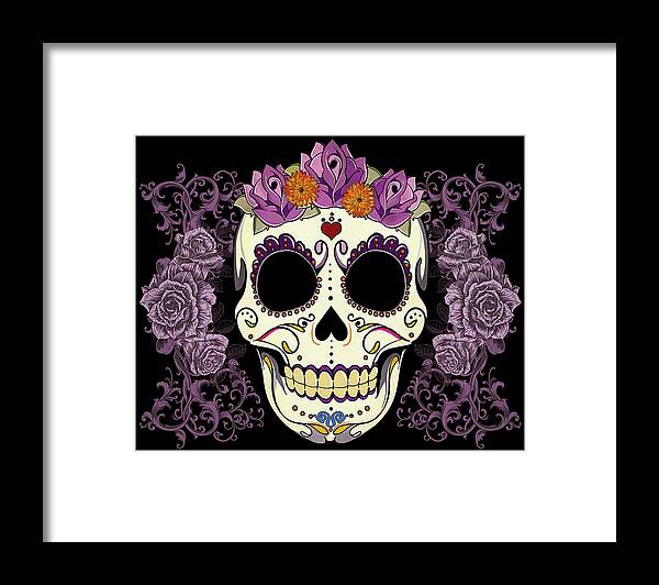 Sugar Skull Framed Print featuring the digital art Vintage Sugar Skull and Roses by Tammy Wetzel