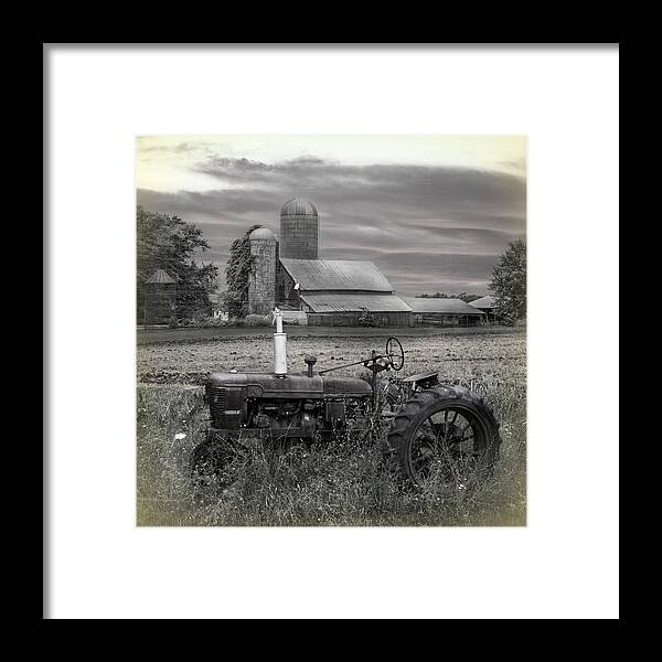 Barns Framed Print featuring the photograph Vintage Tractor at the Country Farm by Debra and Dave Vanderlaan