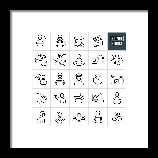 Black Color Framed Print featuring the drawing Viral Illness Protection In Education Thin Line Icons - Editable Stroke by Appleuzr