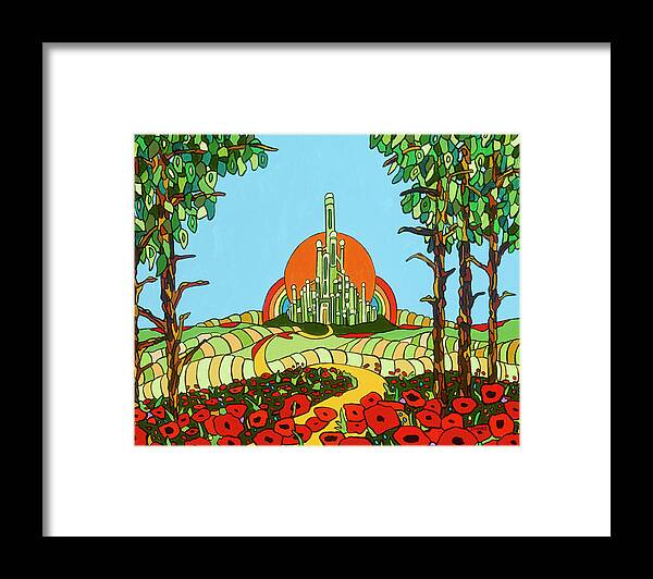 Wizard Of Oz Emerald City Off To See The Wizard Poppies Yellow Brick Road Framed Print featuring the painting Visiting Oz by Mike Stanko
