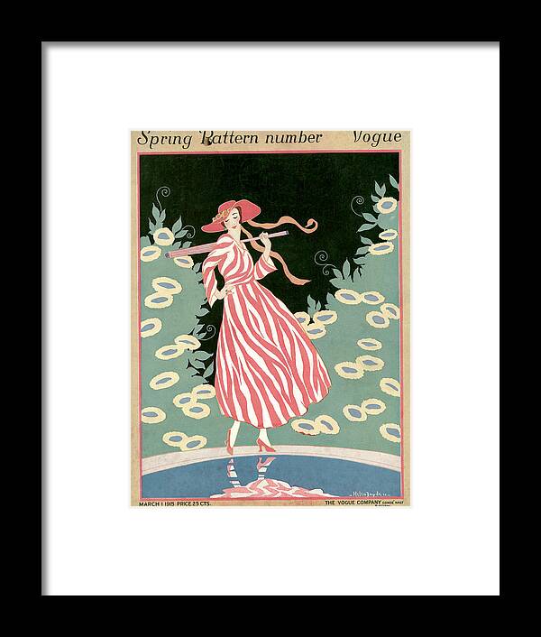Illustration Framed Print featuring the painting Vogue Cover Illustration Of A Woman Walking By A Pond by Helen Dryden