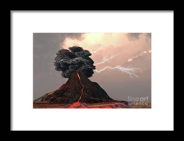 Volcanic Framed Print featuring the digital art Volcano and Lightning by Corey Ford