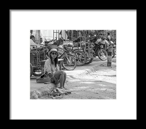 Bike Framed Print featuring the photograph Waif - Poor destitute girl waiting for a lift sitting in the gut by Jeremy Holton