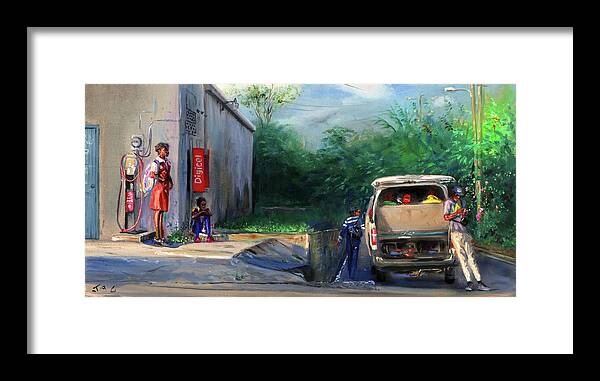 Bus Stop Framed Print featuring the painting Waiting by Jonathan Gladding