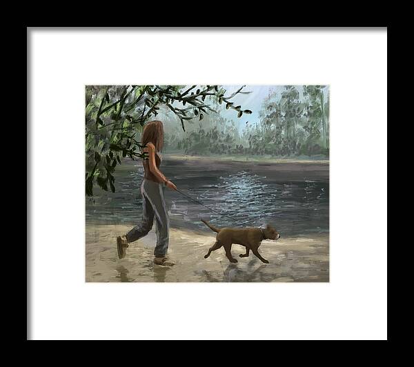 Dog Framed Print featuring the painting Walking The Dog by Larry Whitler