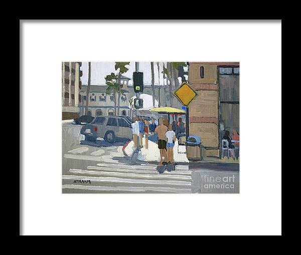 Crystal Pier Framed Print featuring the painting Walking to the Pier - Pacific Beach, San Diego, California by Paul Strahm