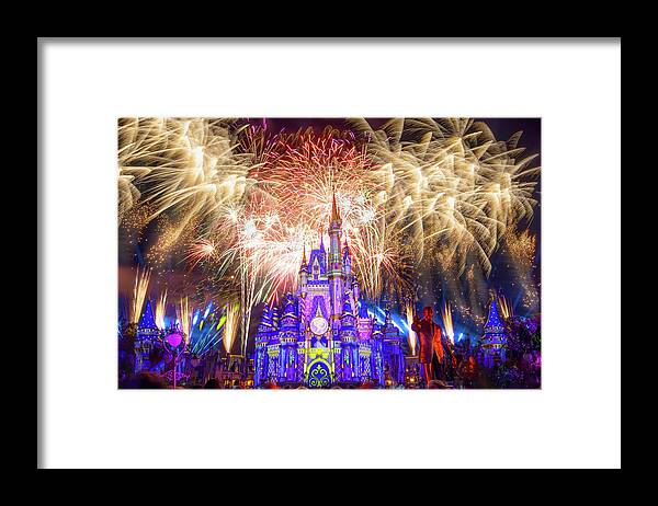 Magic Kingdom Framed Print featuring the photograph Walt Disney World's Enchantment Fireworks Finale by Mark Andrew Thomas