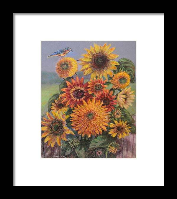 Sunflowers Framed Print featuring the painting Warbler And Sunflowers by Veronica Cassell vaz
