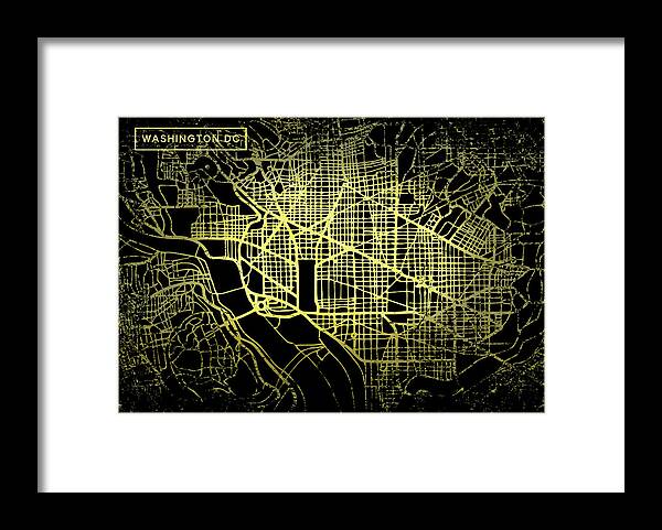 Map Framed Print featuring the digital art Washington DC Map in Gold and Black by Sambel Pedes