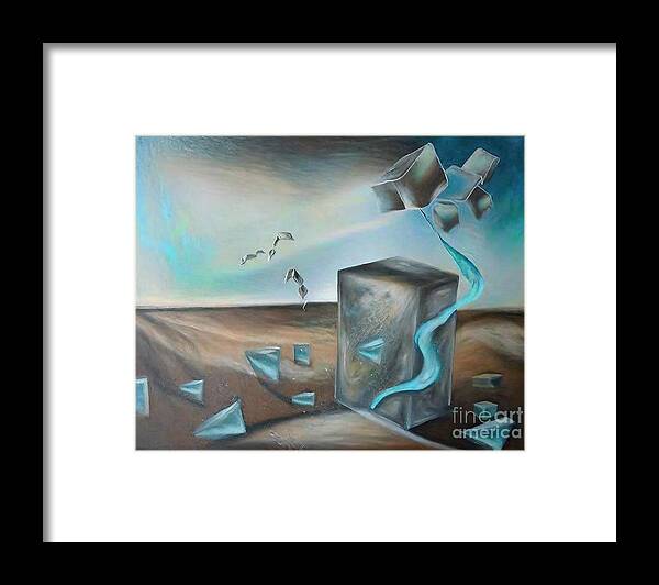 Sunset Desert Framed Print featuring the painting Water Giraffe Painting sunset desert dripping water desert and water flat earth art cube water cubist desert abstract animals tap in the sky zoo animal giraffe of water steps in the desert desert by N Akkash