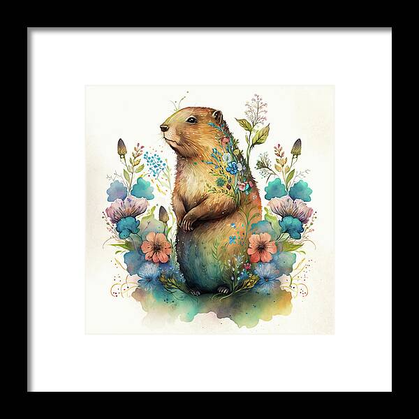 Groundhog Framed Print featuring the digital art Watercolor Animal 30 Cute Groundhog by Matthias Hauser