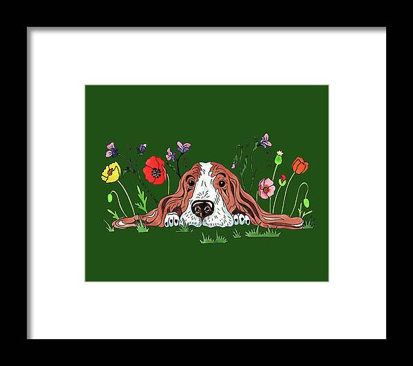Sweet Framed Print featuring the painting Watercolor Basset Puppy Dog In The Garden by Irina Sztukowski