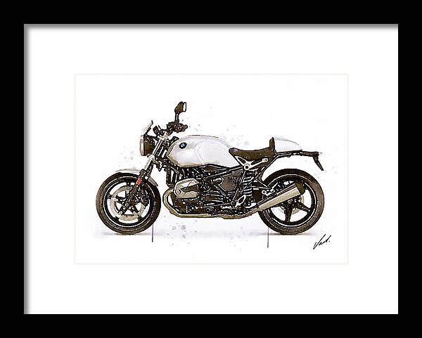 Motorbike Paitning Framed Print featuring the painting Watercolor BMW NineT PURE motorcyclebb- oryginal artwork by Vart. by Vart