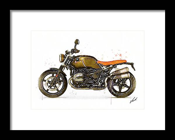 Motorbike Paitning Framed Print featuring the painting Watercolor BMW NineT SCRAMBLER motorcycle - oryginal artwork by Vart. by Vart