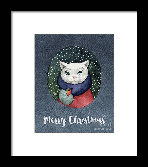 Cat Framed Print featuring the painting Watercolor Cat Winter Christmas Holiday by Modern Art