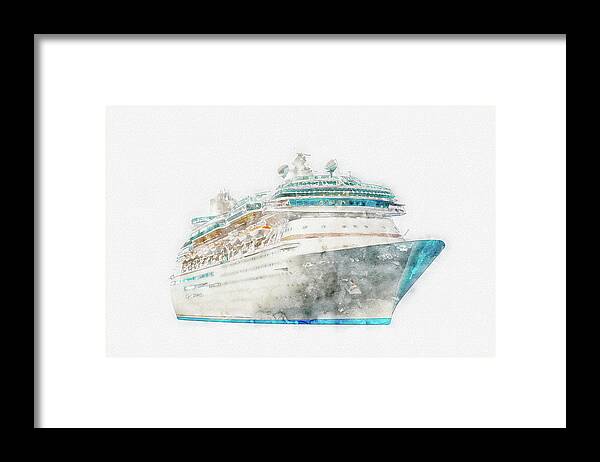 Drawing Framed Print featuring the digital art Watercolor drawing of cruise ship isolated on white background, modern ocean liner by Maria Kray
