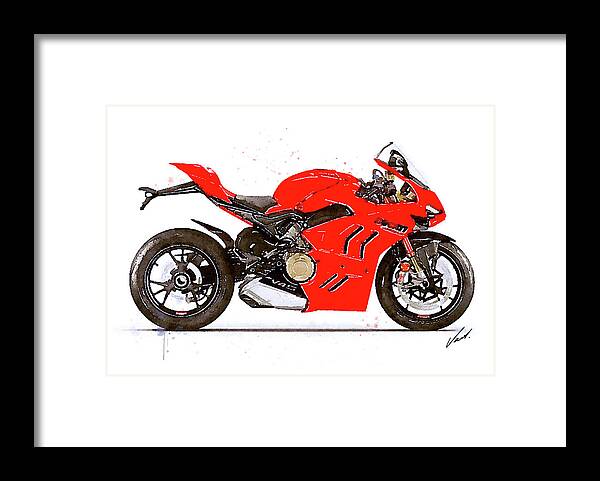 Sport Framed Print featuring the painting Watercolor Ducati Panigale V4S 2022 motorcycle - oryginal artwork by Vart. by Vart Studio