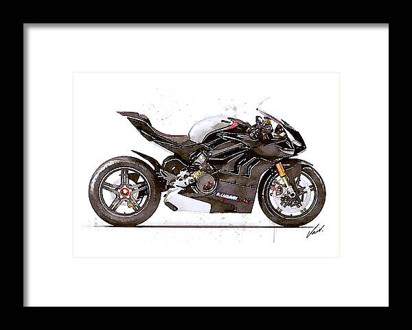 Sport Framed Print featuring the painting Watercolor Ducati Panigale V4SP 2022 motorcycle, oryginal artwork b by Vart Studio