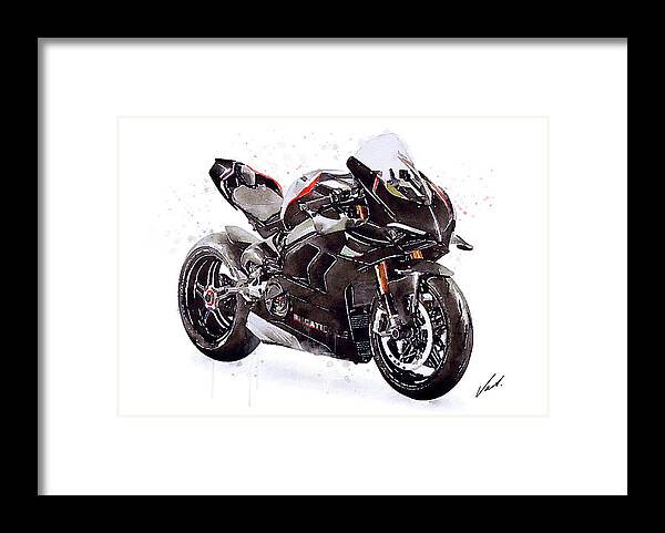 Sport Framed Print featuring the painting Watercolor Ducati Panigale V4SP 2022 motorcycle, oryginal artwork by Vart. by Vart Studio