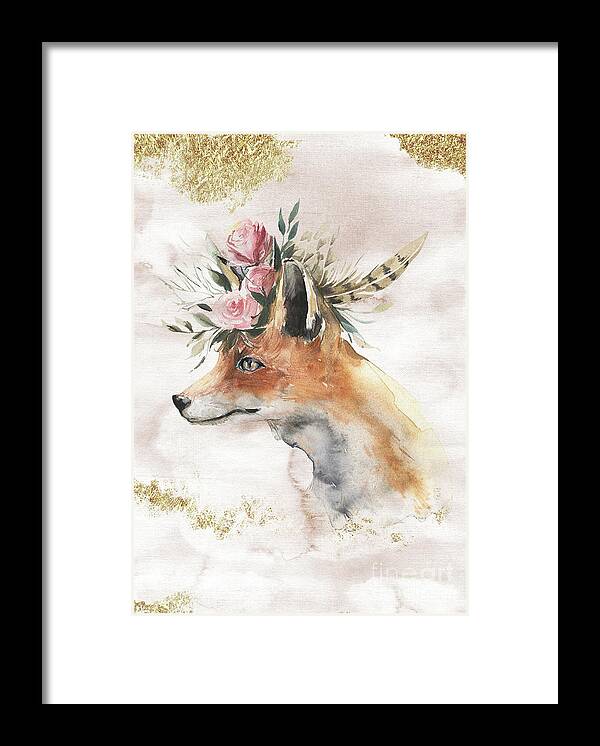 Watercolor Fox Framed Print featuring the painting Watercolor Fox With Flowers And Gold by Garden Of Delights