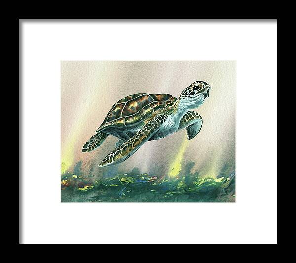 Blue Framed Print featuring the painting Watercolor Giant Sea Turtle by Irina Sztukowski