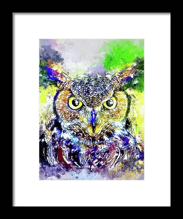 Watercolor Great Horned Owl Framed Print featuring the mixed media Watercolor Great Horned Owl by Daniel Janda