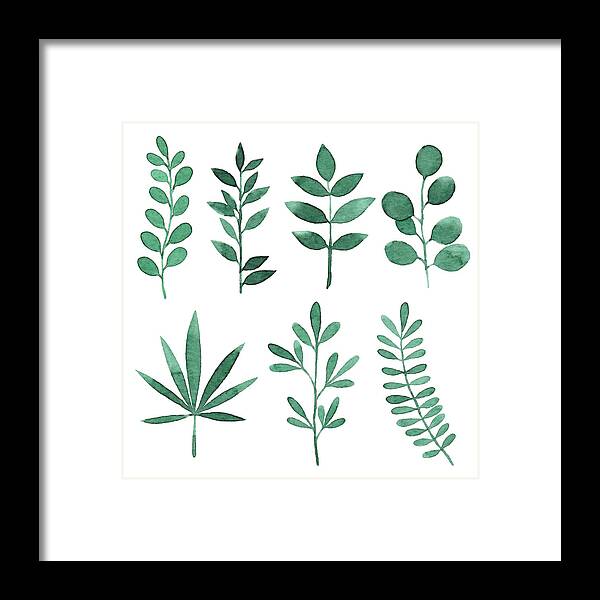 Art Framed Print featuring the drawing Watercolor Green Branches With Leaves by Saemilee