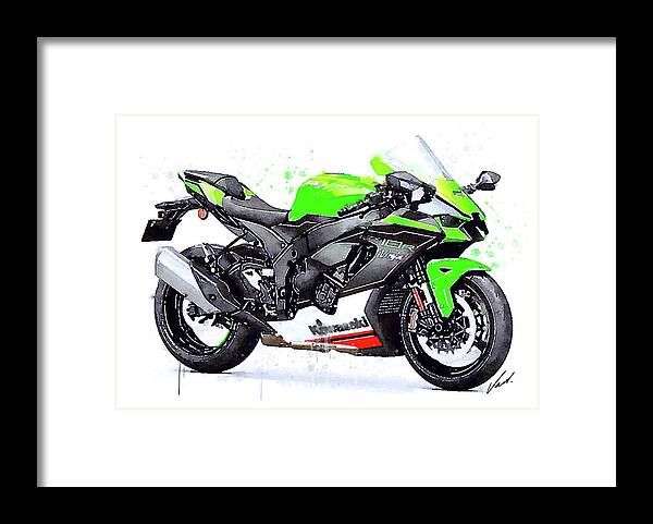 Sport Framed Print featuring the painting Watercolor Kawasaki Ninja ZX10R motorcycle - oryginal artwork by Va by Vart Studio