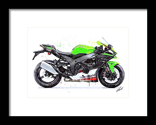 Sport Framed Print featuring the painting Watercolor Kawasaki Ninja ZX10R motorcycle - oryginal artwork by Vart. by Vart Studio