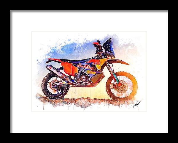 Adventure Framed Print featuring the painting Watercolor KTM 450 Rally Dakar motorcycle - oryginal artwork by Vart. by Vart Studio