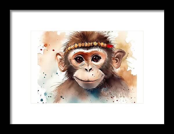 Animal Framed Print featuring the painting Watercolor monkey portrait by N Akkash