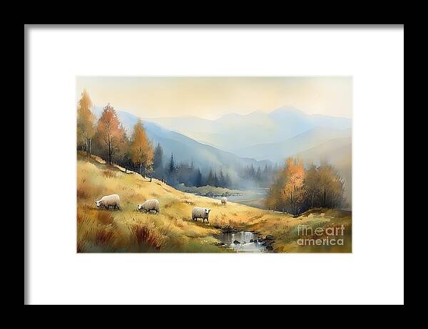 Sheep Framed Print featuring the painting Watercolor mountain autumn pasture landscape with sheep. Panorama. by N Akkash