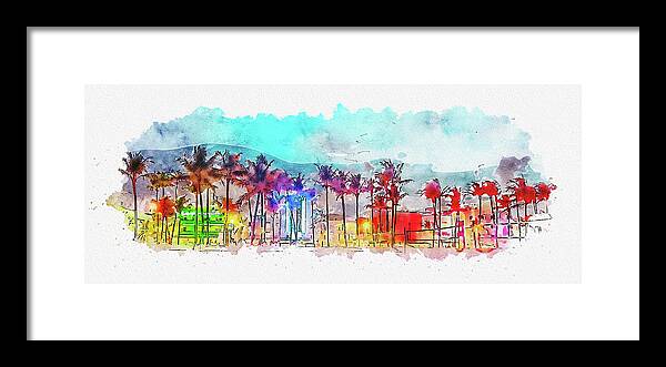 Watercolor Framed Print featuring the digital art Watercolor painting illustration of Miami Beach Ocean Drive panorama with hotels and restaurants at sunset by Maria Kray
