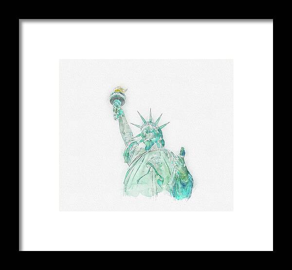 Watercolor Sketch Framed Print featuring the digital art Watercolor painting illustration of Statue of Liberty on white by Maria Kray